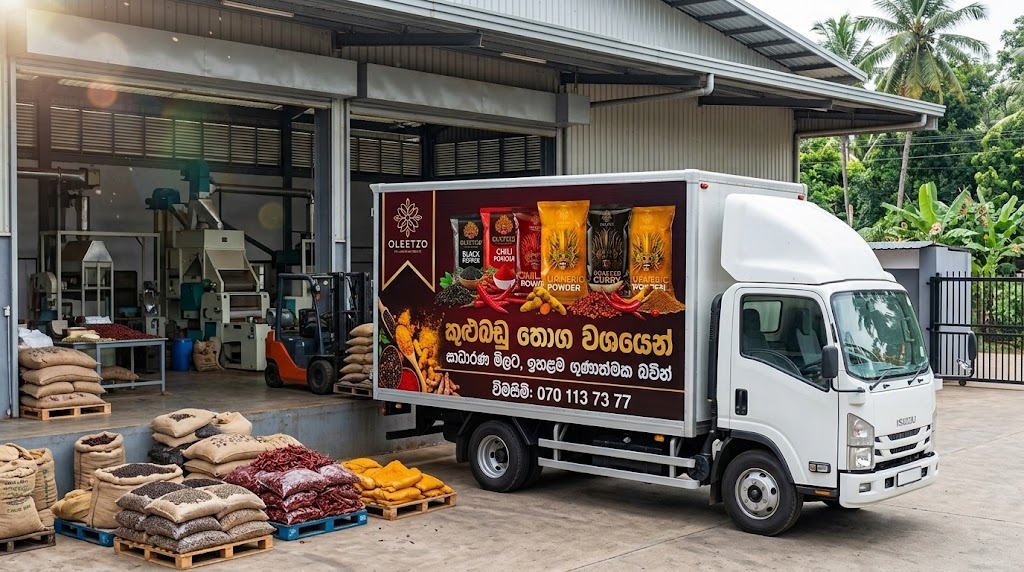 Oleetzo spice wholesale delivery truck at the processing and packaging facility
