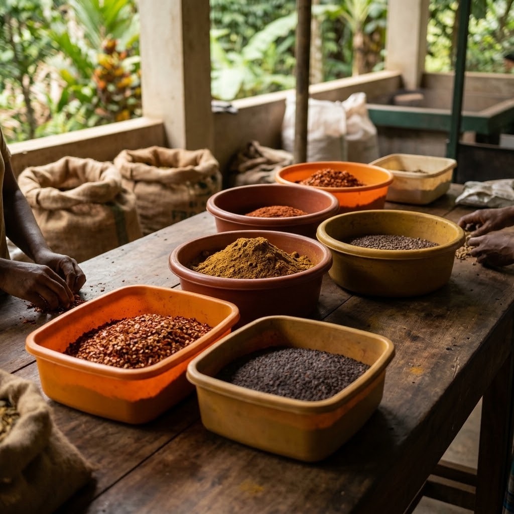 Artisan hands sorting and preparing spice powders and seeds on wooden table