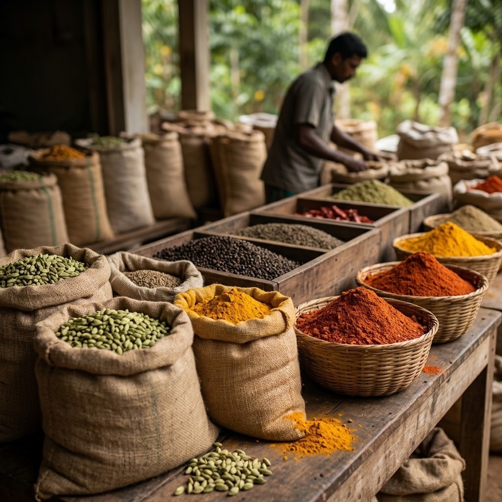 Harvested spices in burlap sacks and woven baskets in drying shed