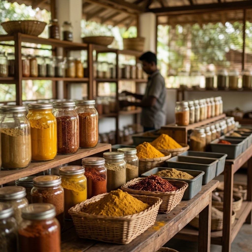 Artisan spice milling room with glass jars and freshly ground spices