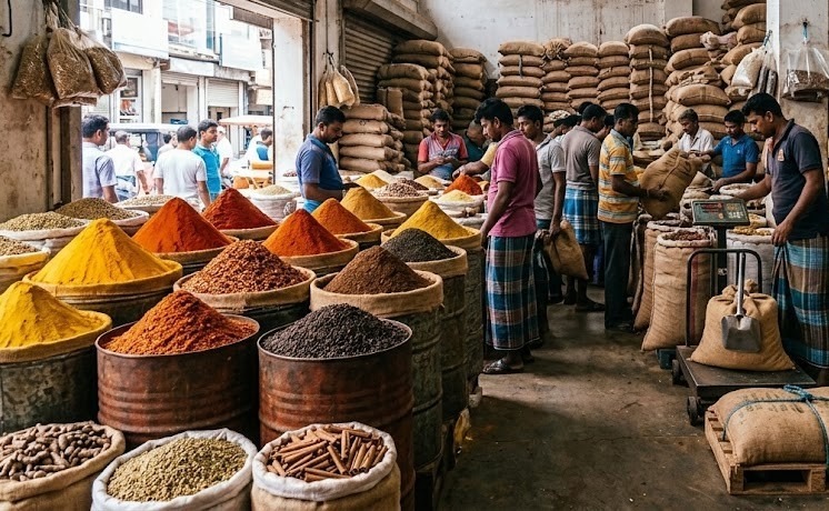 Authentic Sri Lankan spice market and trading warehouse